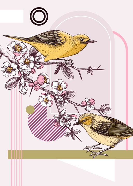 Collage style spring card design. Two yellow warbler on blooming Japanese quince branches vector sketch. Hand drawn songbirds and flowers illustration, geometric shapes, trendy design elements